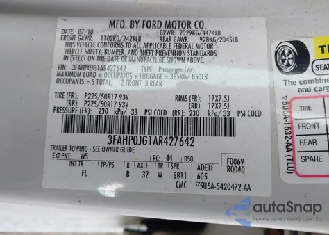 2010 Ford Fusion Sel z USA, uszkodzony, nr VIN 3FAHP0JG1AR427642
